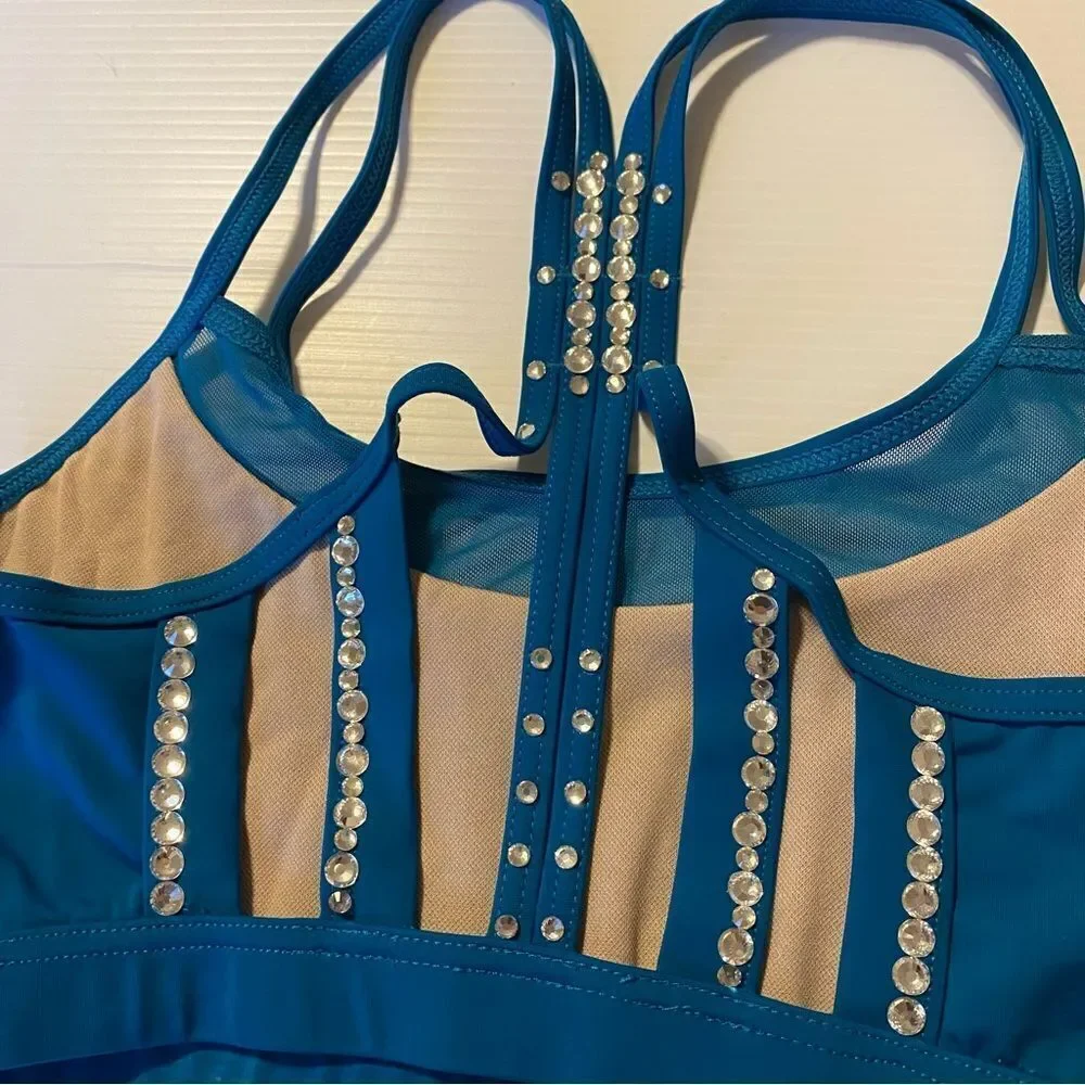 Weissman Balera dance teal sport Mesh Strappy Bra Top crop rhinestone MT10874 SA